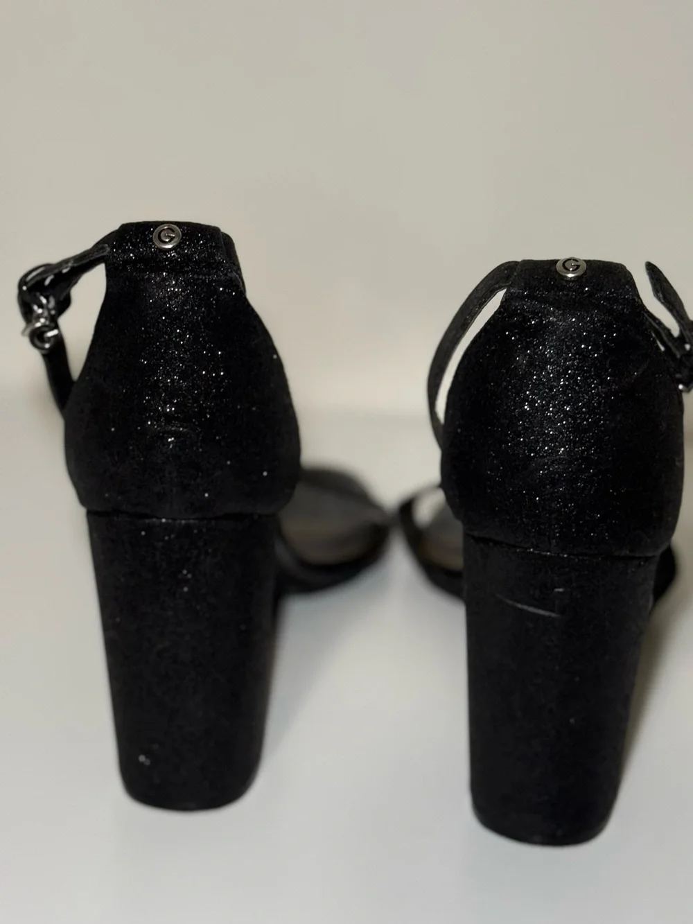 GUESS Black Ankle-Strap Glitter Block Heel Sandals